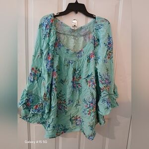Terra & Sky Floral Blouse Light Green w/ Blue & Red Accnts Sz 3x 24/26 (022226D)